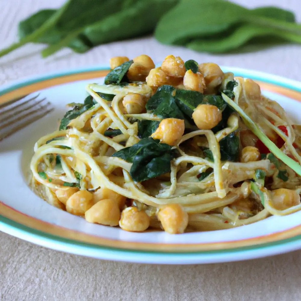Spaghetti ze szpinakiem i ciecierzycą na ostro