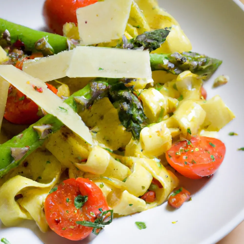 Tagliatelle ze szparagami, tofu i pesto
