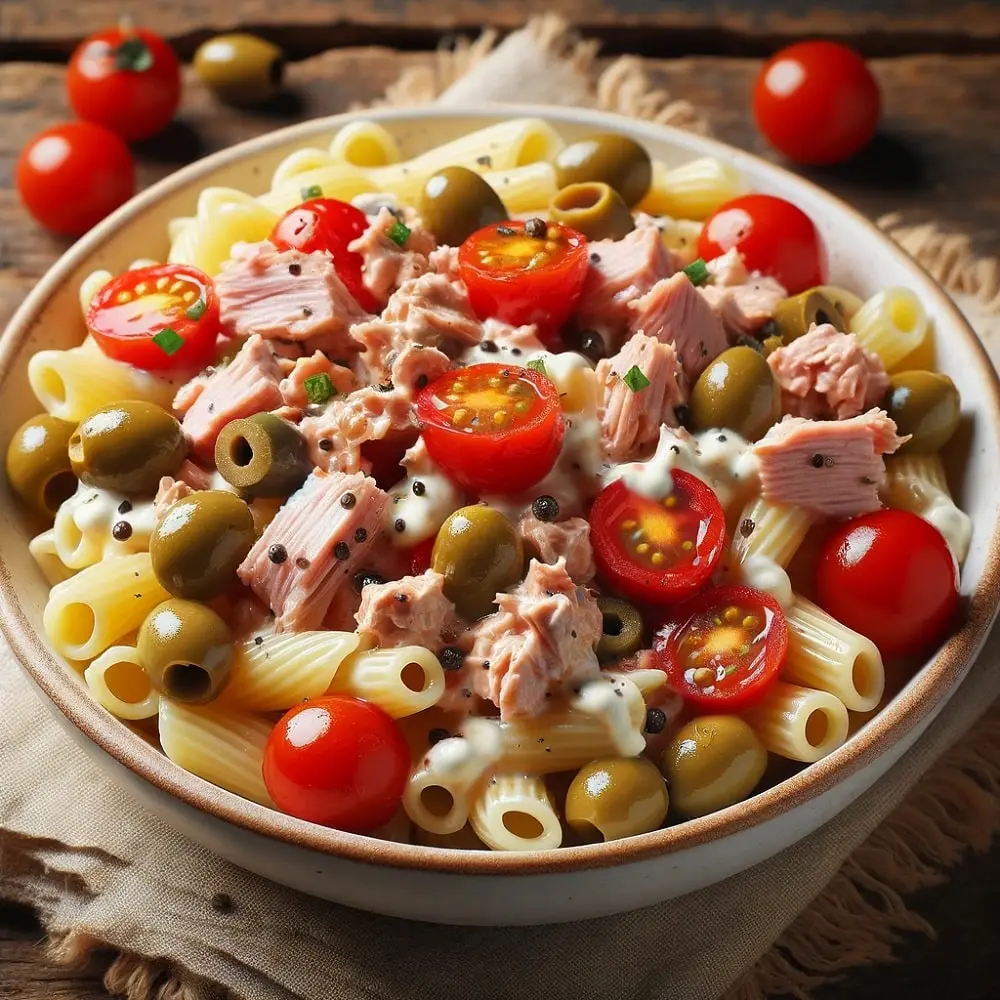 Sałatka makaronowa z tuńczykiem, pomidorkami, oliwkami i kaparami