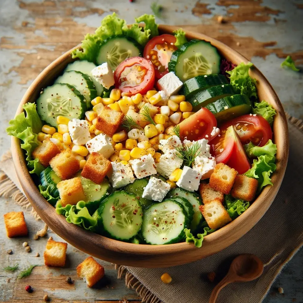 Sałatka z fetą, grzankami i warzywami
