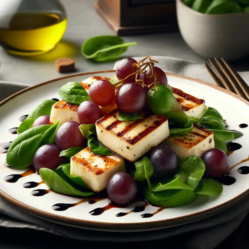 Sałatka z halloumi, winogronami i szpinakiem