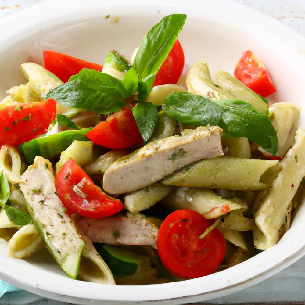 Sałatka z penne, indykiem i pomidorem w bazyliowym pesto