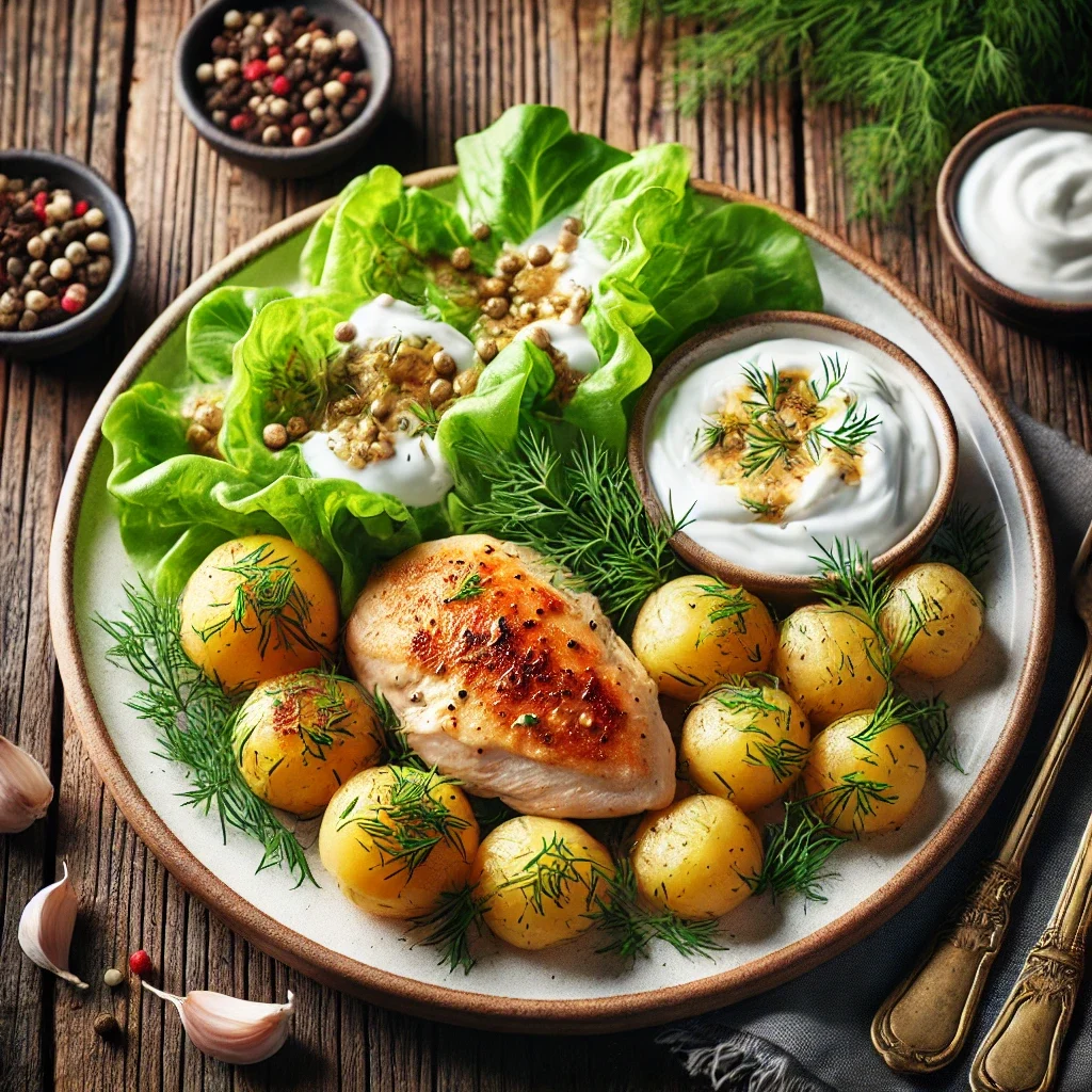 Letni obiad: kurczak z młodym ziemniaczkami i sałatą masłową
