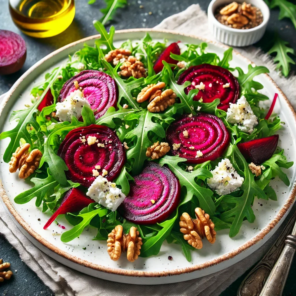 Sałatka z pieczonym burakiem, rukolą i orzechami włoskimi