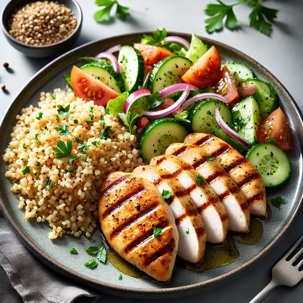 Kurczak z kaszą bulgur i sałatką