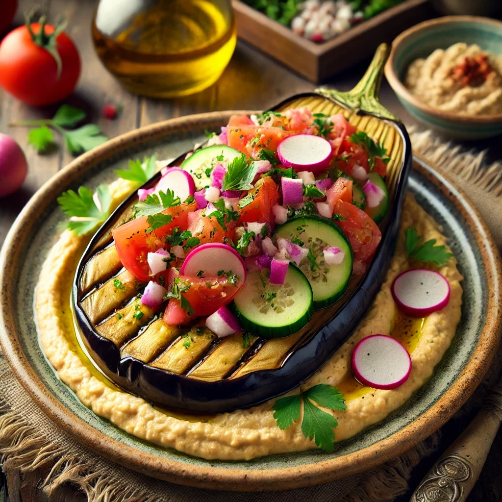 Pieczony bakłażan z hummusem i warzywami