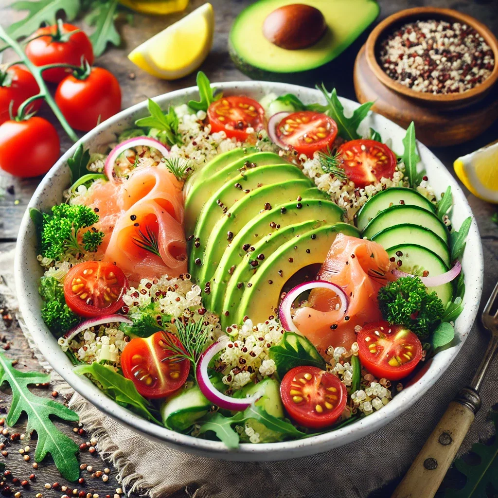 Sałatka z komosą ryżową, awokado i łososiem