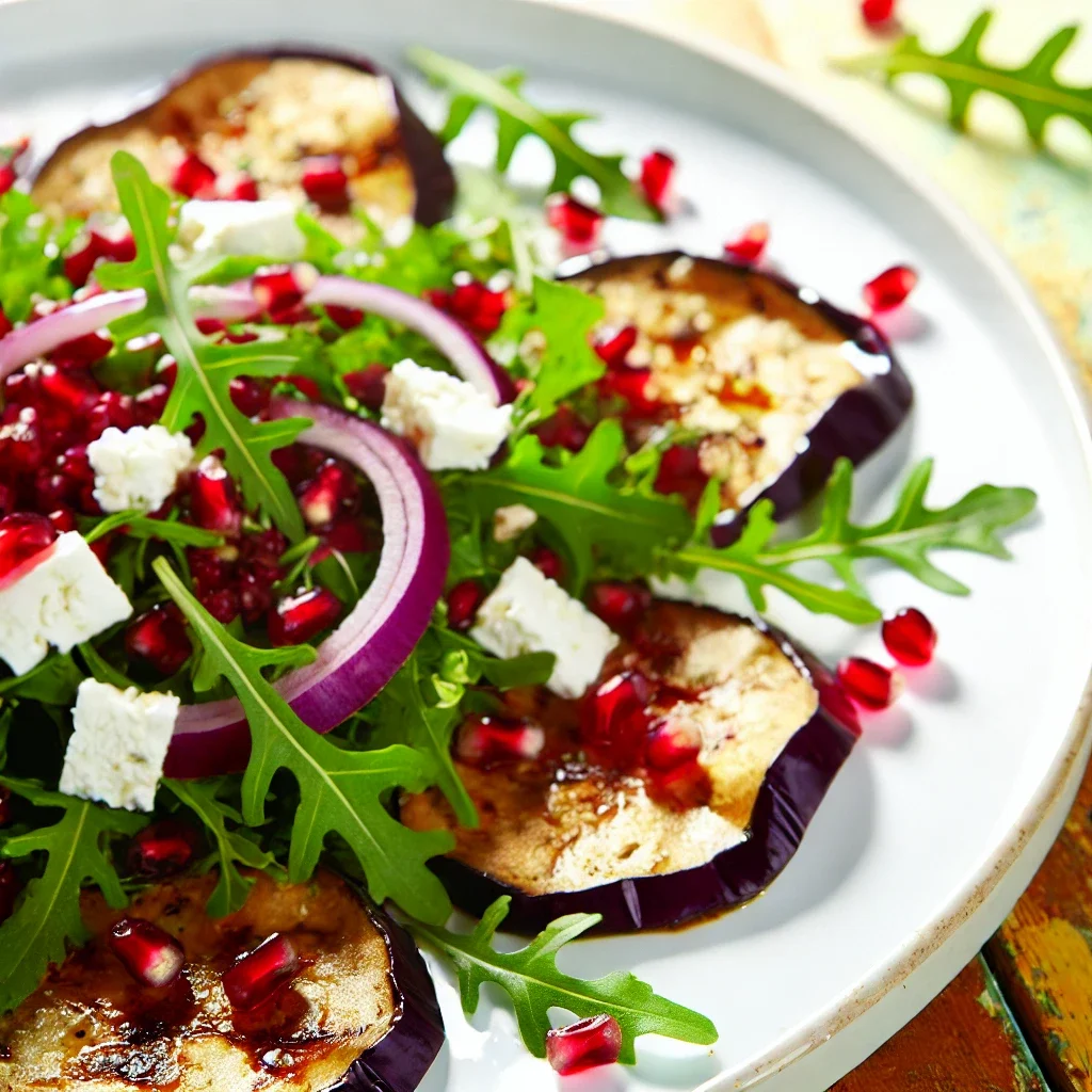 Sałatka z pieczonym bakłażanem, granatem i rukolą