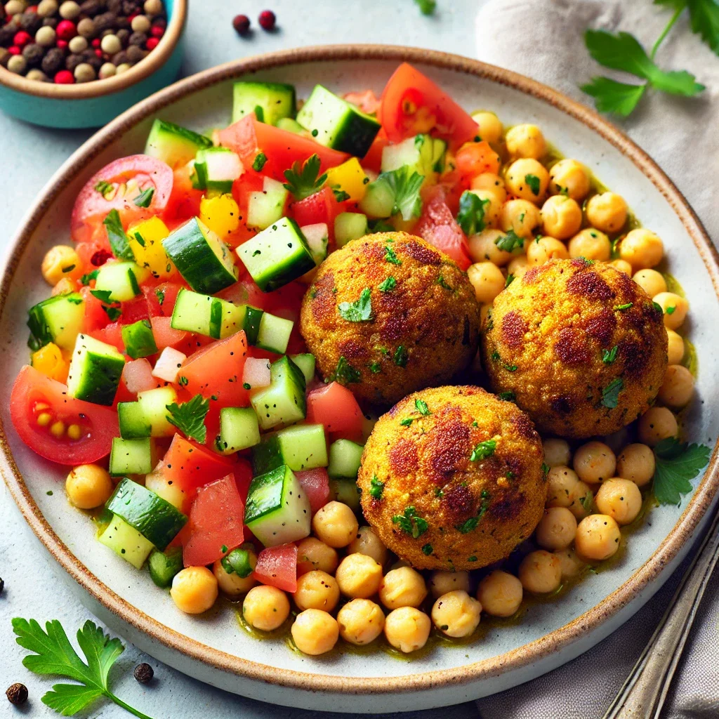 Wegetariańskie klopsiki z bulguru i ciecierzycy z warzywną salsą