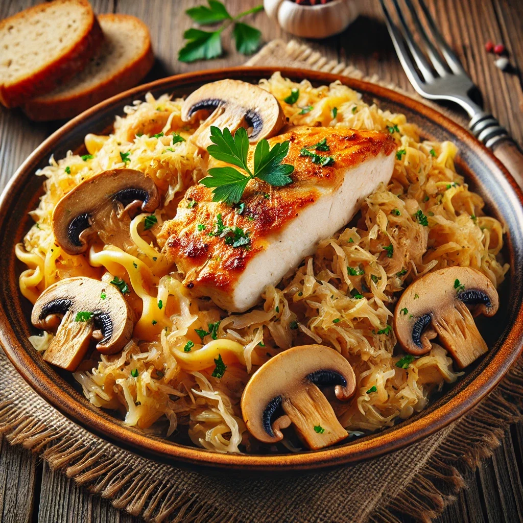 Łazanki z kapustą i grzybami z piersią z kurczaka