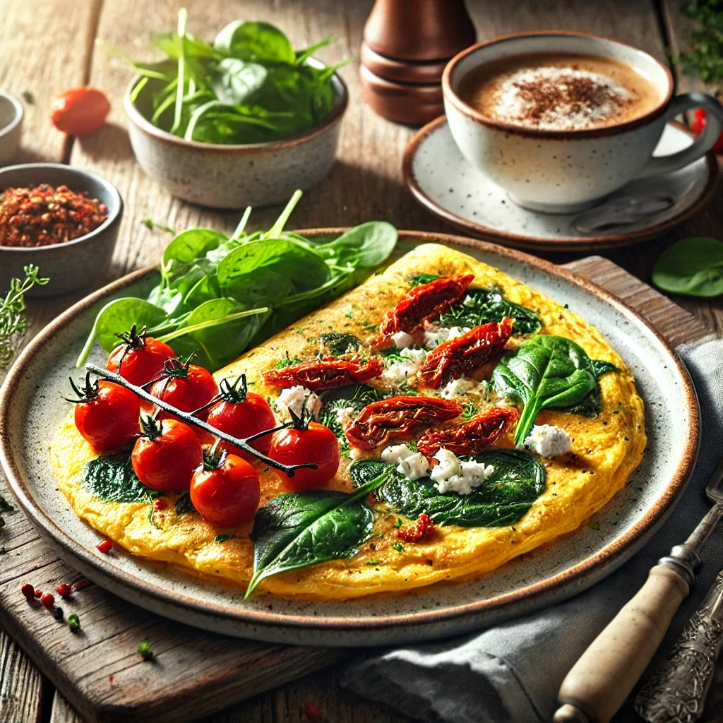 Omlet z suszonymi pomidorami i szpinakiem