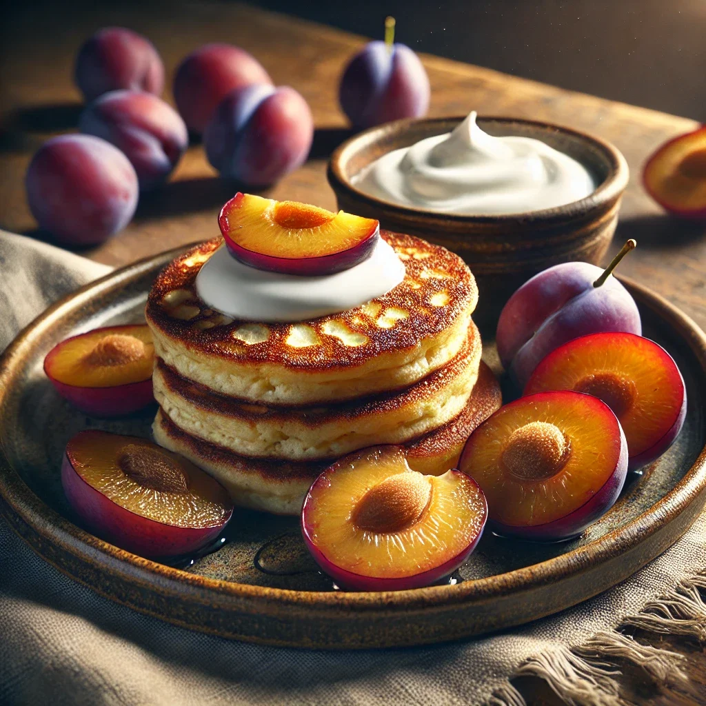 Placuszki twarogowe z jogurtem i śliwkami