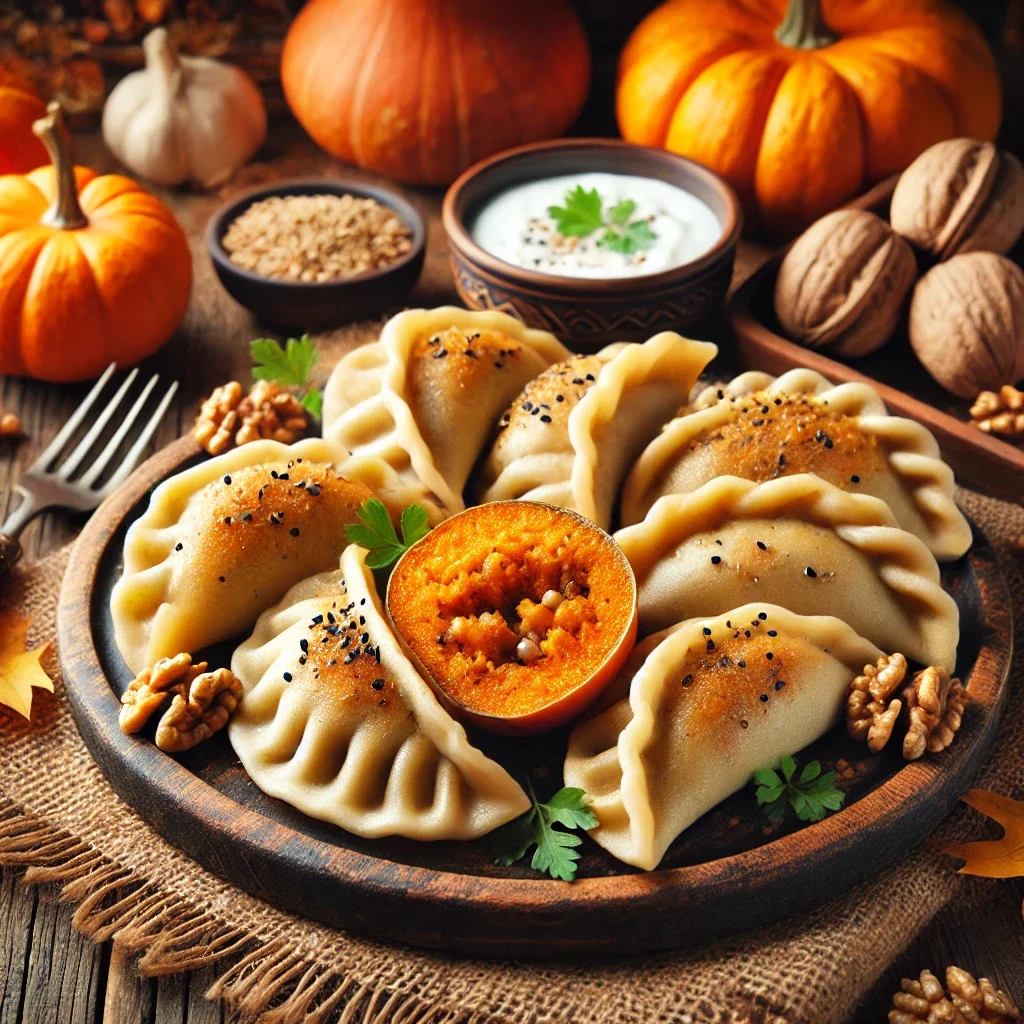 Zapiekane pierożki z pełnoziarnistego ciasta z nadzieniem dyniowo-orzechowym