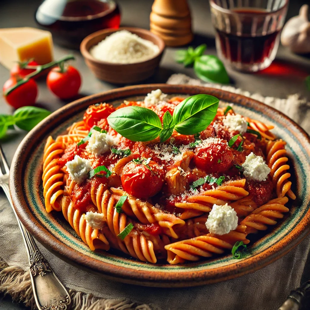 Makaron pełnoziarnisty z sosem pomidorowym i ricottą